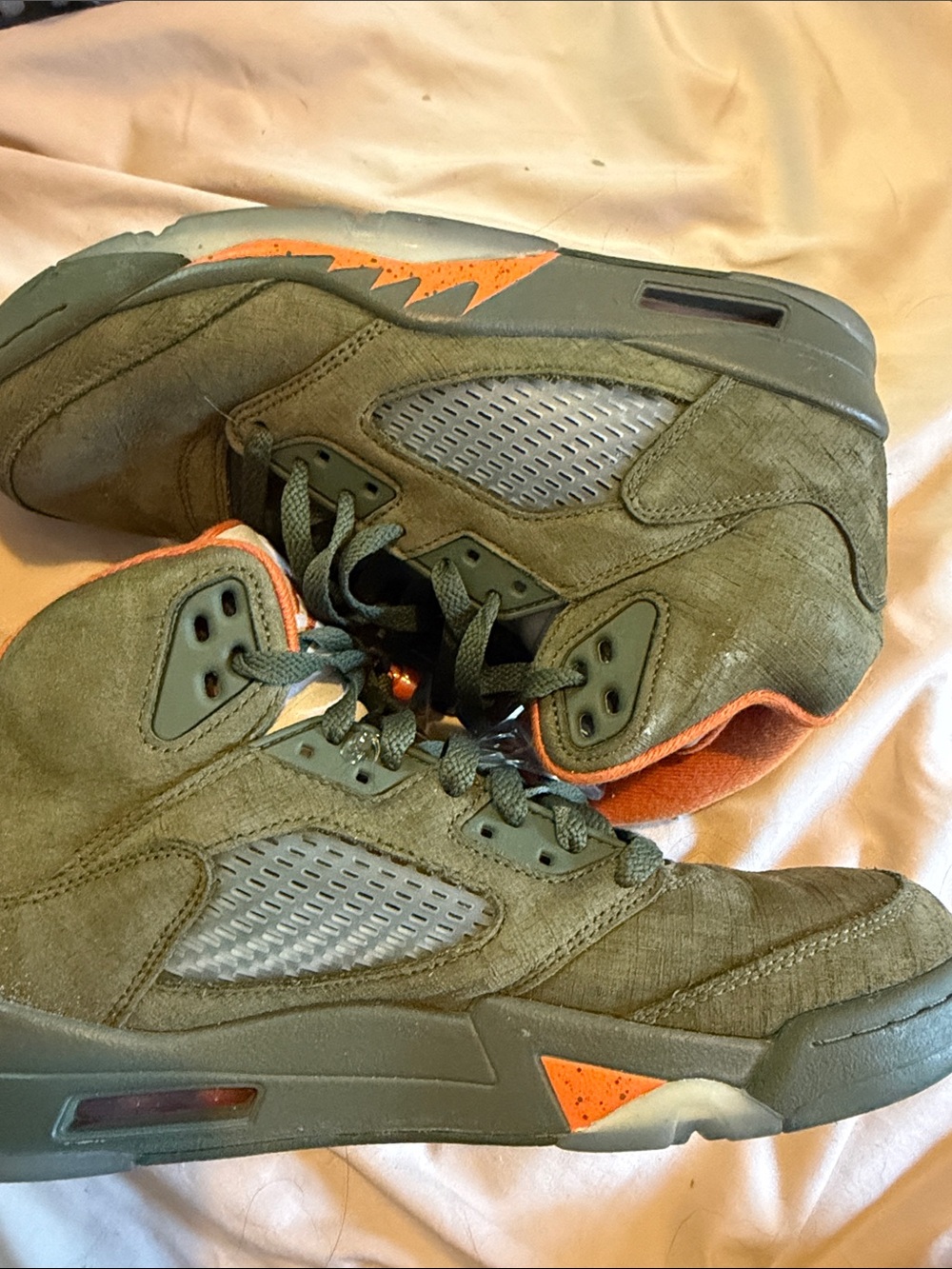 Olive Green and Orange High-Top Basketball Sneakers